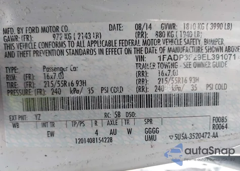 2014 Ford Focus Se из США, поврежденный, VIN 1FADP3F29EL391071
